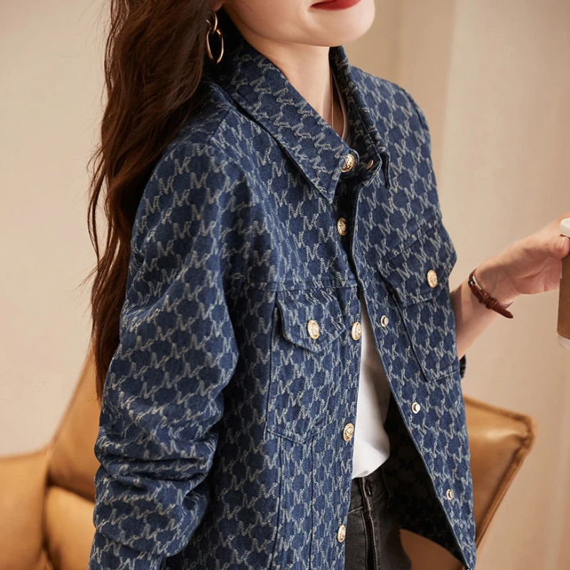 Winter Clothing On Sale Women'S - Jaket Denim wanita, biru, dengan cetakan